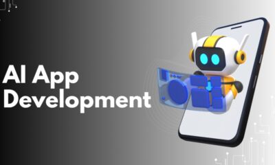 AI App Development illustration showing an AI-powered robot interacting with a smartphone interface, representing intelligent mobile application development and automation.