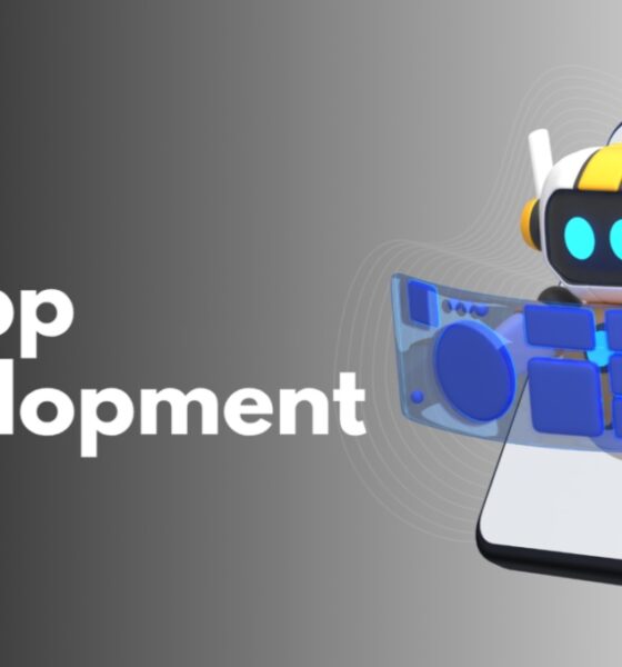 AI App Development illustration showing an AI-powered robot interacting with a smartphone interface, representing intelligent mobile application development and automation.