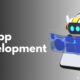 AI App Development illustration showing an AI-powered robot interacting with a smartphone interface, representing intelligent mobile application development and automation.